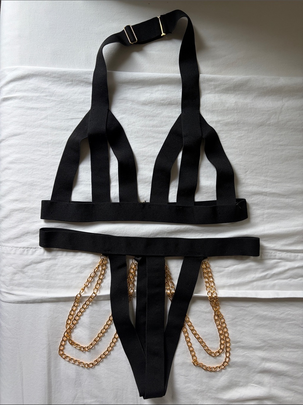 NWOT Black Sexy Strappy Harness Baddie Lingerie Set, Gold Hip Chains L (8-10)